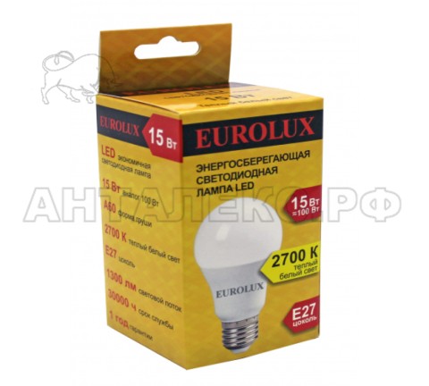 Лампа Eurolux, светодиодная LL-E-A60-15W-230-2,7K-E27 (груша, 15Вт, тепл., Е27)