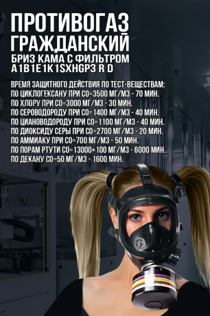 Противогаз ГП-7Б «БРИЗ-3306» с панарам. маской «БРИЗ-4301(ППМ)» категория 2 марки A1B1E1K1SXHgP3 RD