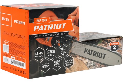 Пила цепная электрическая PATRIOT ESP1814, 1.8кВт, шина 14" цепь 3/8 1,3мм 53зв, поперечный двигат.