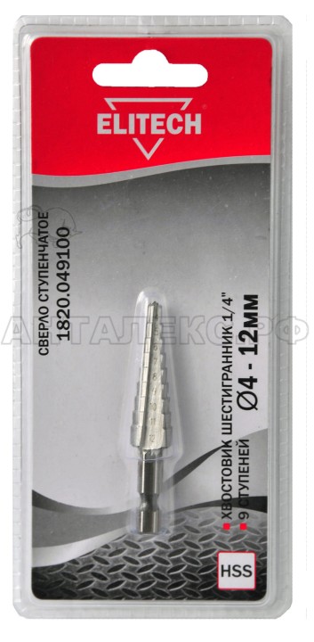 Сверло ступенчатое по металлу Elitech,  хвост/ 1/4"HEX, d.4-12мм,9ступ, HSS