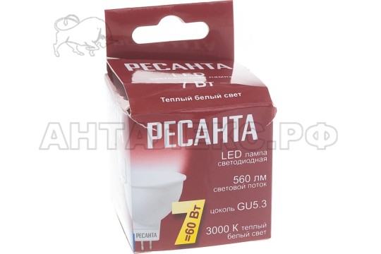 Лампа Ресанта, светодиодная LL-R-MR16-7W-230-3K-GU5.3 (рефлектор, 7Вт, тепл., GU5.3)