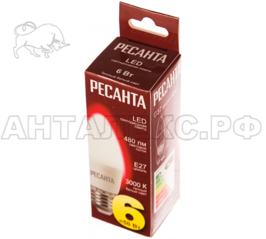 Лампа Ресанта, светодиодная LL-R-C37-6W-230-3K-E27 (свеча, 6Вт, тепл., Е27)