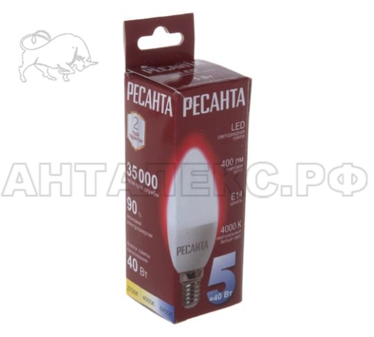 Лампа Ресанта, светодиодная LL-R-C37-5W-230-4K-E14 (свеча, 5Вт, нейтр., Е14)