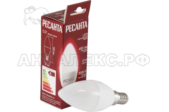 Лампа Ресанта, светодиодная LL-R-C37-6W-230-3K-E14 (свеча, 6Вт, тепл., Е14)