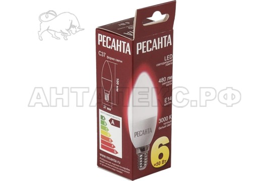 Лампа Ресанта, светодиодная LL-R-C37-6W-230-3K-E14 (свеча, 6Вт, тепл., Е14)