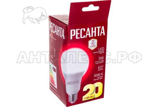 Лампа Ресанта, светодиодная LL-R-A80-20W-230-3K-E27 (груша, 20Вт, тепл., Е27)