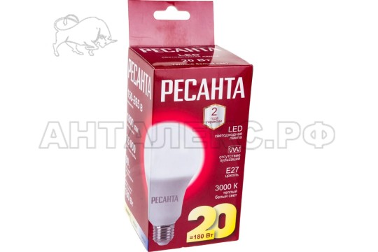 Лампа Ресанта, светодиодная LL-R-A80-20W-230-3K-E27 (груша, 20Вт, тепл., Е27)
