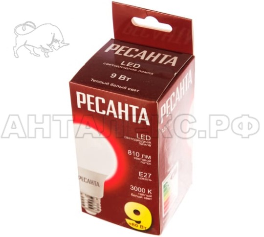 Лампа Ресанта, светодиодная LL-R-A60-9W-230-3K-E27 (груша, 9Вт, тепл., Е27)