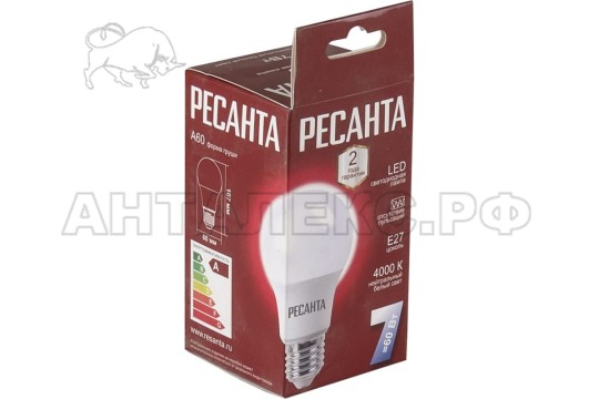 Лампа Ресанта, светодиодная LL-R-A60-7W-230-4K-E27 (груша, 7Вт, нейтр., Е27)