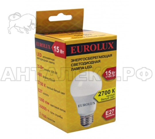 Лампа Eurolux, светодиодная LL-E-A60-15W-230-2,7K-E27 (груша, 15Вт, тепл., Е27)