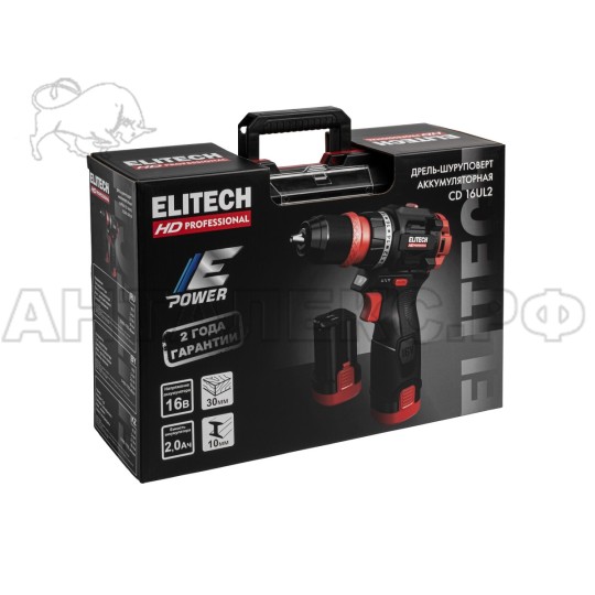 Дрель акк. ELITECH HD CD 16UL2 (E2201.078.01),б/щет, м/ф,16В,2х2.0Ач,БЗП-10м,0-500/1700об,код 214224