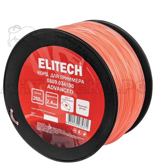 Корд для триммера Elitech 0809.034100, 2.4мм,260м,круг/сердечн,BASF,катушка, код 216301