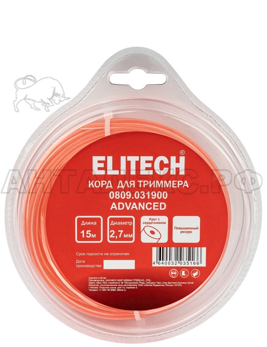 Корд для триммера Elitech 0809.031900, 2.7мм,15м,круг/сердечн,BASF,блистер, код 216279