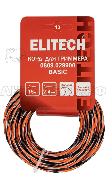 Корд для триммера Elitech 0809.029900, 2.4мм,15м,квадрат,трехцвет,моток, код 216259