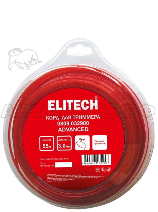 Корд для триммера Elitech 0809.032900, 3.0мм,55м,круг,BASF,блистер, код 216289