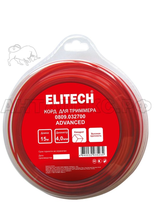 Корд для триммера Elitech 0809.032700, 4.0мм,15м,BASF,квадрат,блистер, код 216287