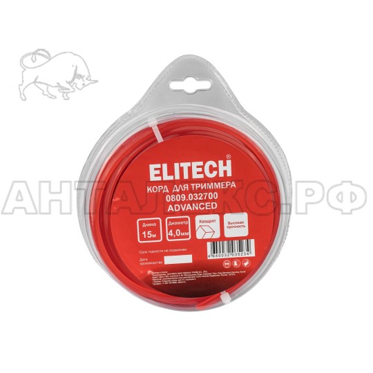 Корд для триммера Elitech 0809.032700, 4.0мм,15м,BASF,квадрат,блистер, код 216287